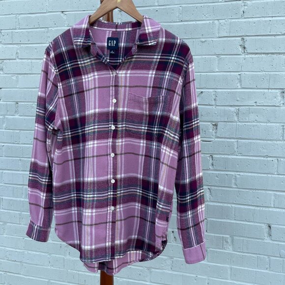Women's GAP Medium Purple Plaid Long Sleeve Button Down Flannel Shirt - Picture 2 of 16